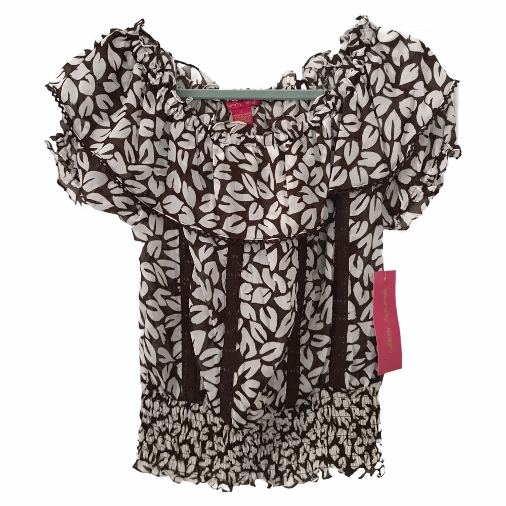 SUNNY LEIGH Casablanca Blouse Sz Small Feminine Short Sleeve NWT Brown & White